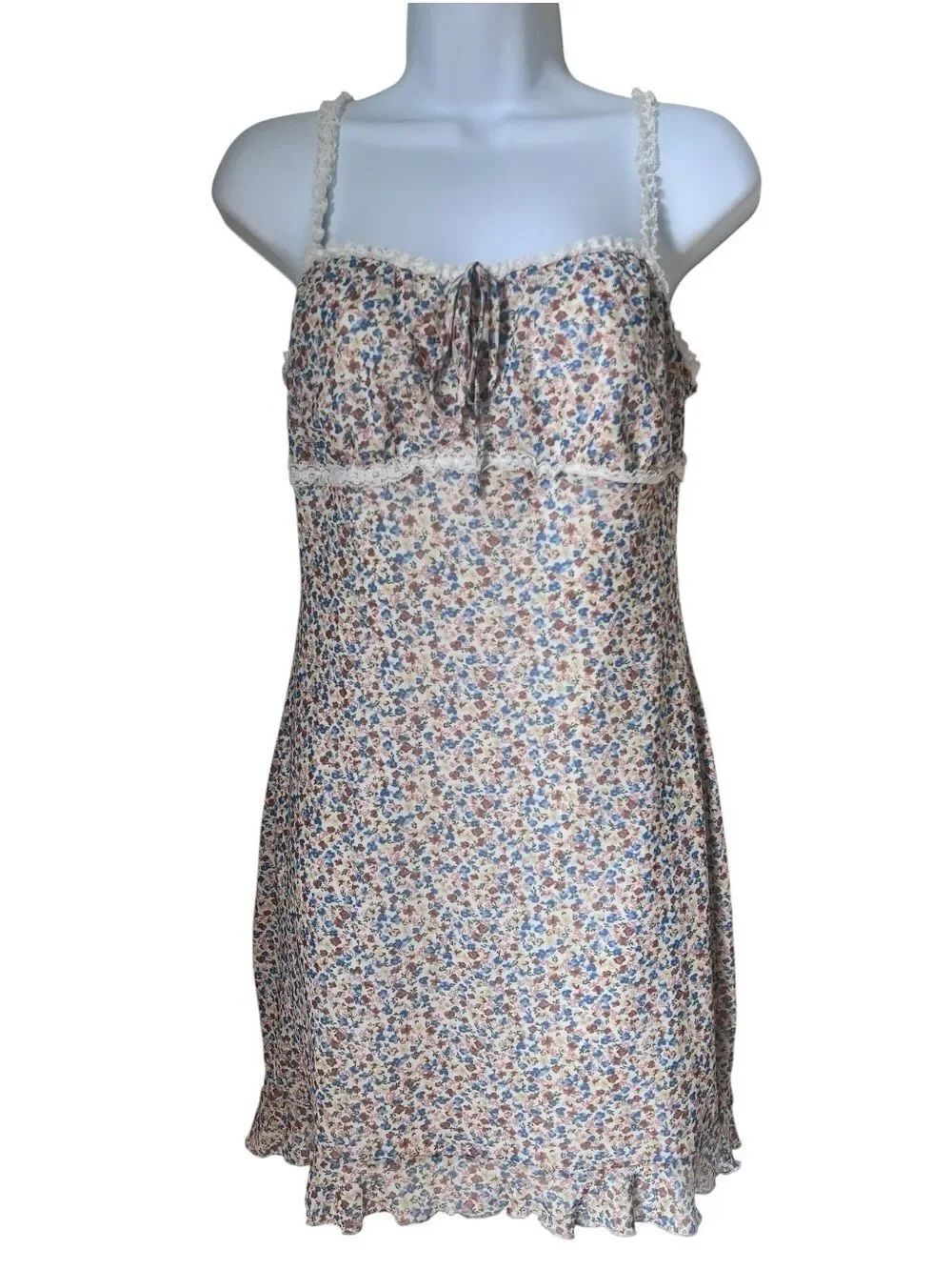90s Cottagecore Floral Mini Lace Trim Babydoll Slip Coquette Y2K Spring Dress  L